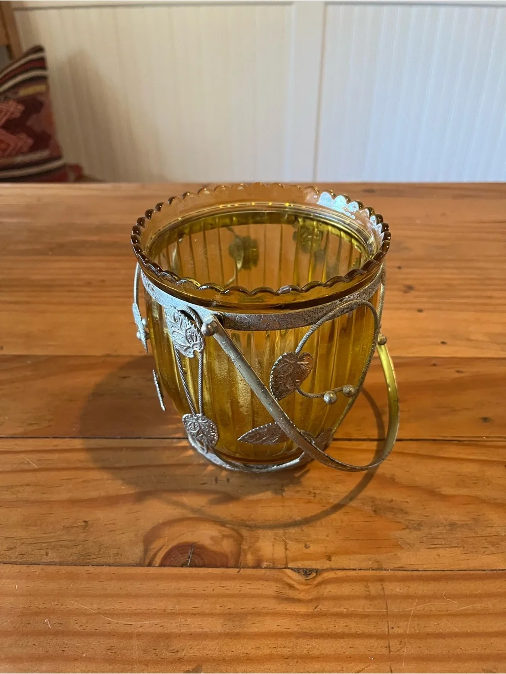Vintage Amber Glass Ice Bucket with Caged Leaf and Handle